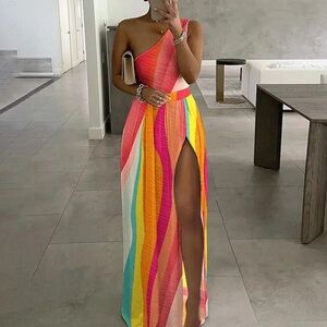 ChicMe Vibrant Multi-Color One-Shoulder Print Slit Maxi Sundress (NWOT)